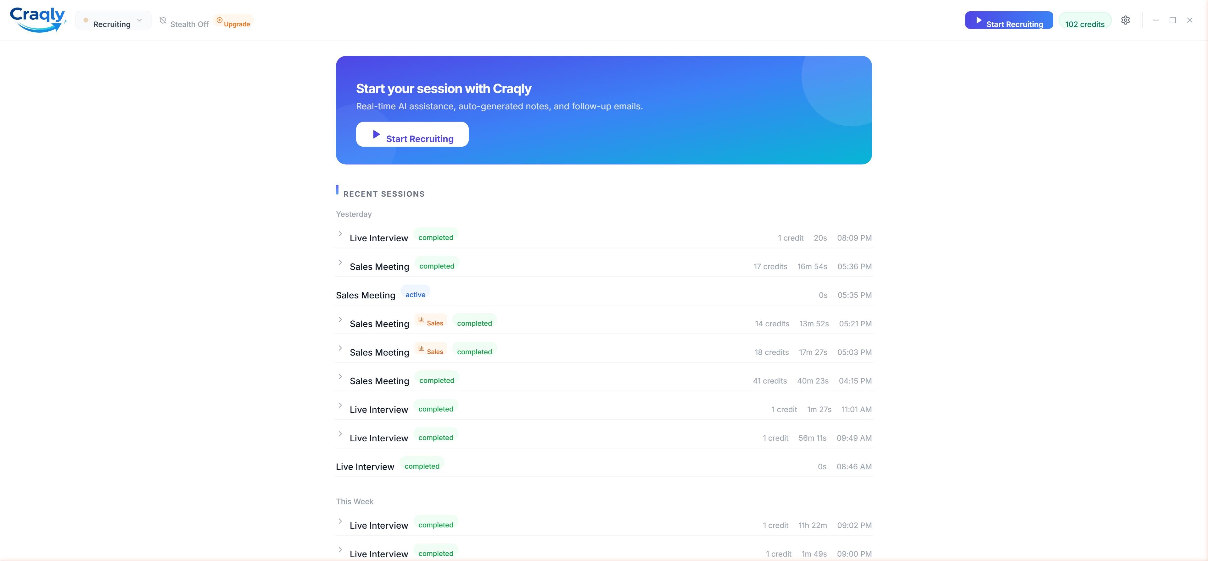 Craqly Recruiting Mode dashboard showing real-time AI suggestions, candidate transcription, and quick action buttons during a recruiting call