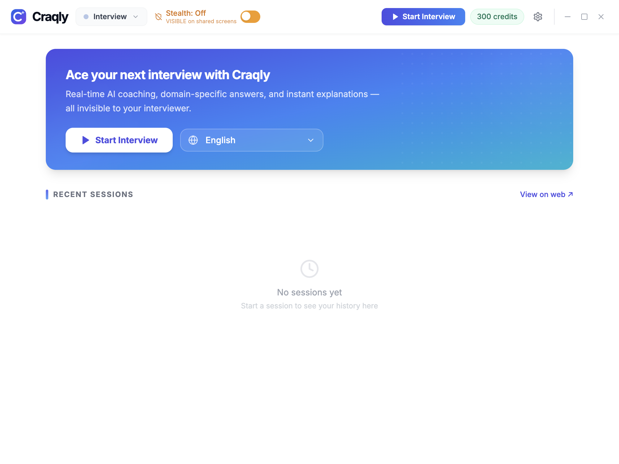 Craqly desktop home screen with the mode selector, Start Interview button, credit balance and recent sessions