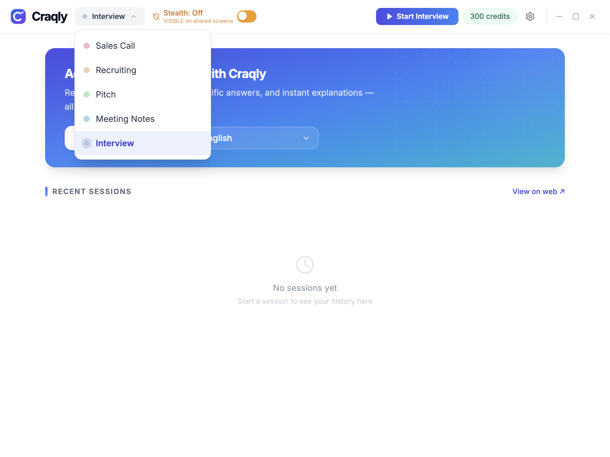 Craqly mode selector open in the desktop app, listing Interview, Sales Call, Recruiting, Pitch and Meeting Notes