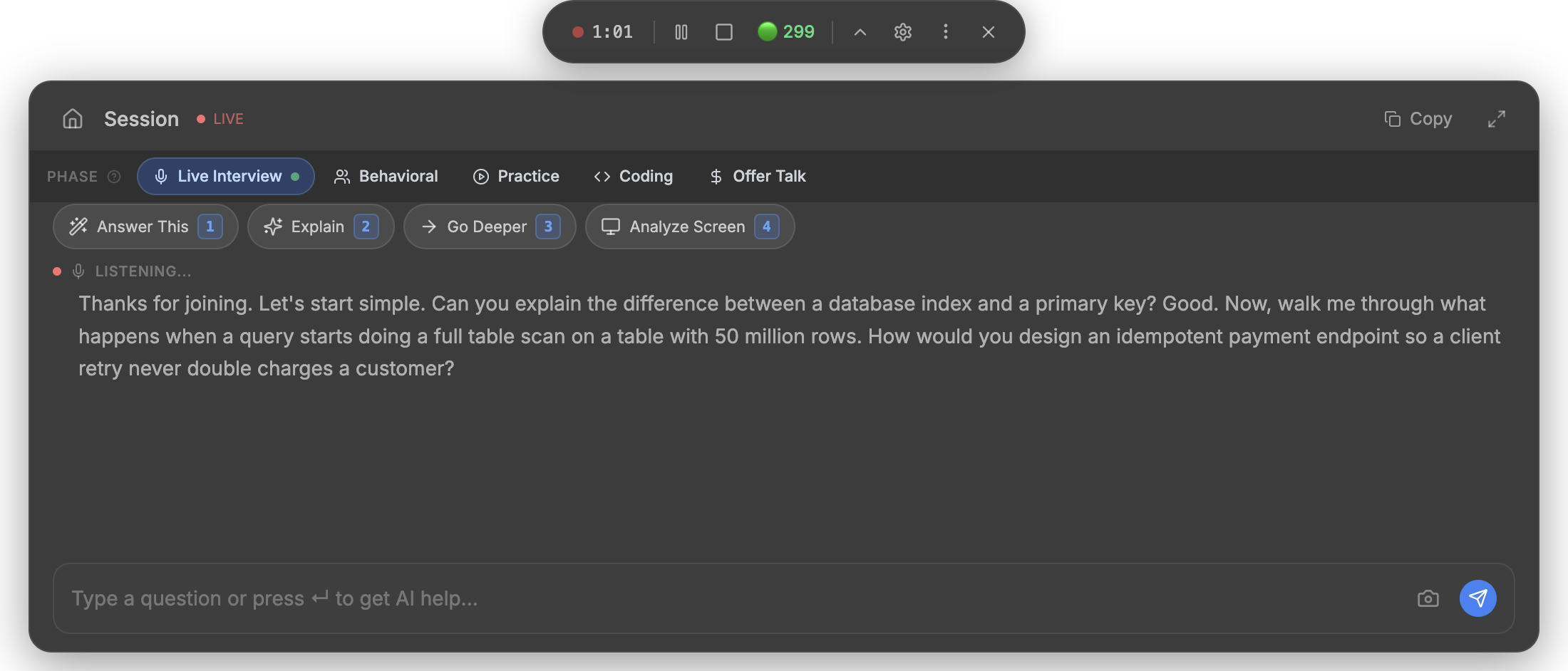 Craqly session window during a live interview: the interviewer's questions appear under LISTENING as they are spoken, with Answer This, Explain, Go Deeper and Analyze Screen along the top