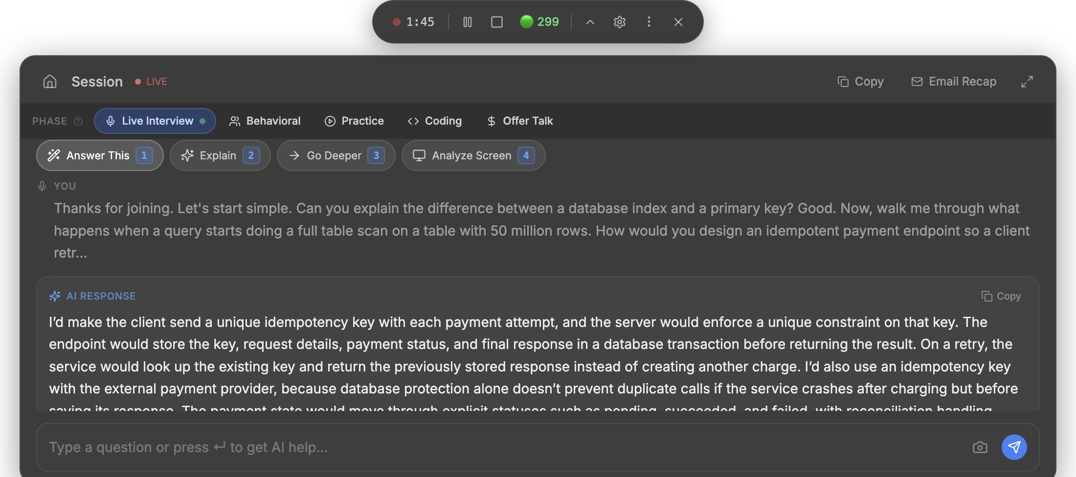 Craqly showing an AI response beneath the transcript, answering how to design an idempotent payment endpoint