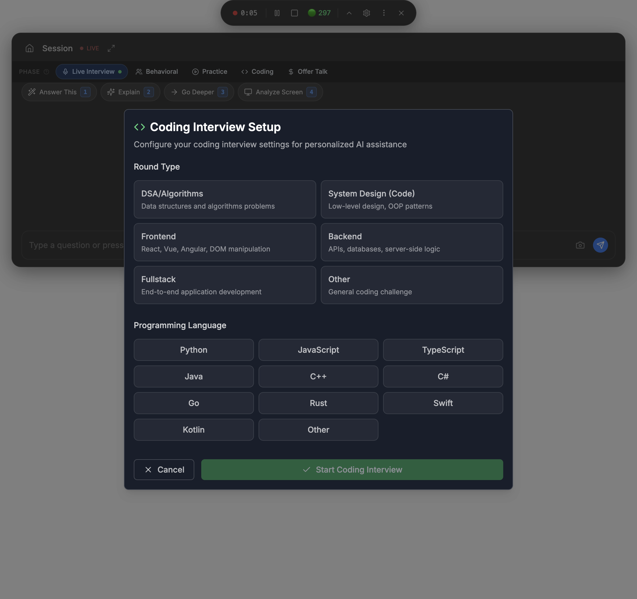 Coding Interview Setup dialog in Craqly, offering round types DSA/Algorithms, System Design, Frontend, Backend, Fullstack and Other, and languages including Python, JavaScript, Java, C++, Go and Rust
