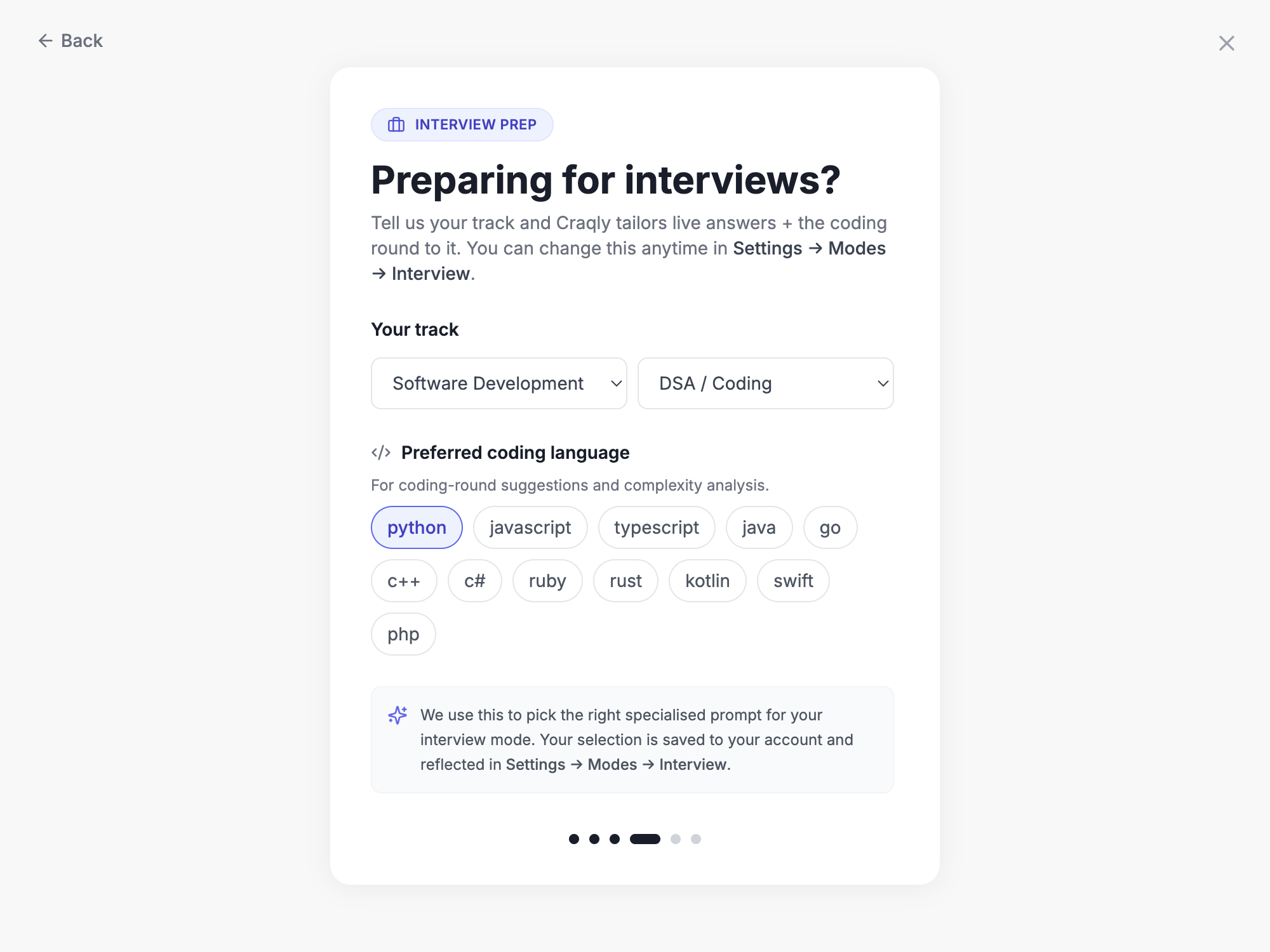 Craqly interview track setup showing category Software Development, domain DSA / Coding, and a preferred coding language picker