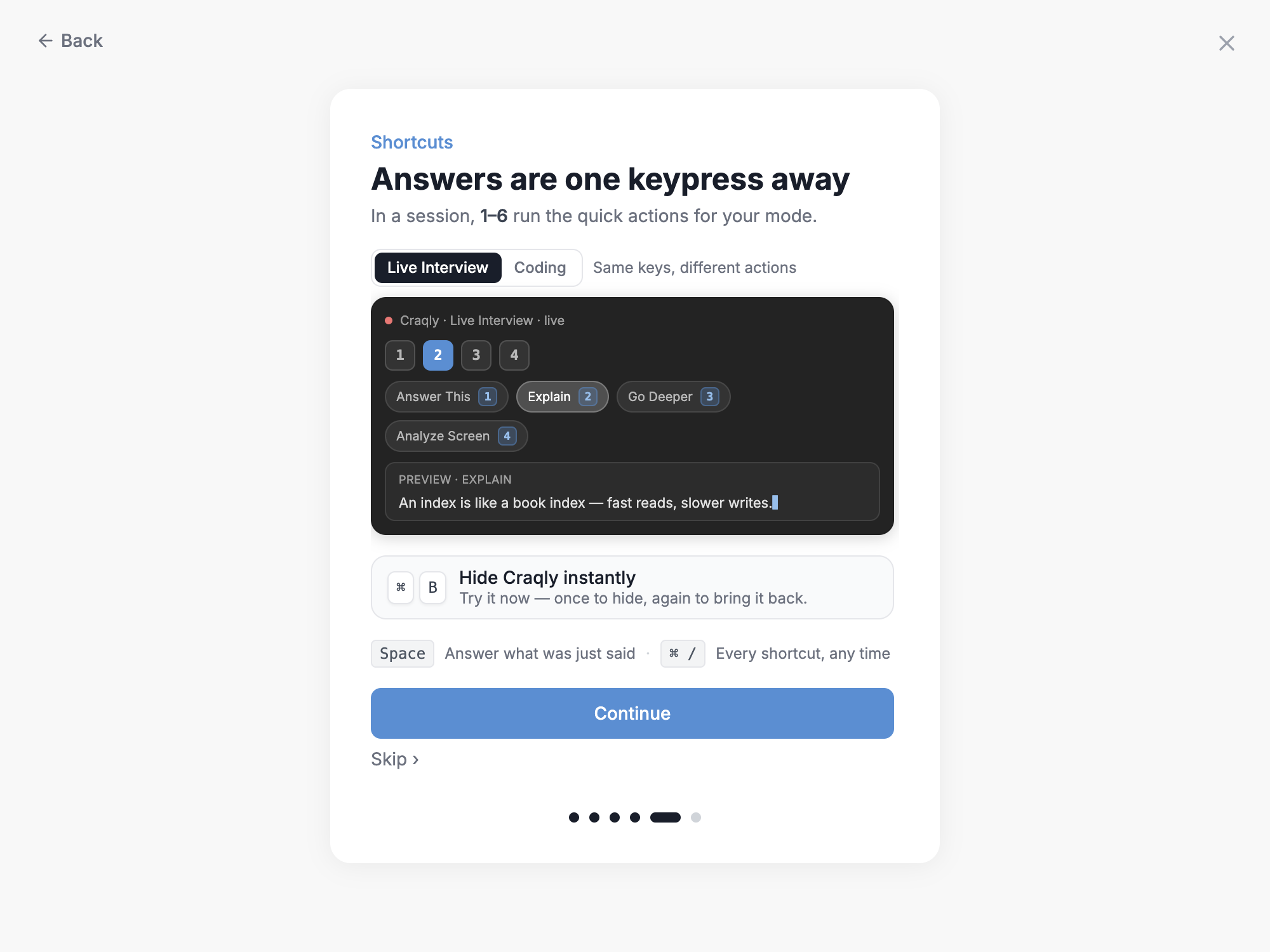 Craqly onboarding shortcuts step showing that Cmd or Ctrl plus 1 to 6 runs the quick actions from any window, and that the same keys do different things in each mode