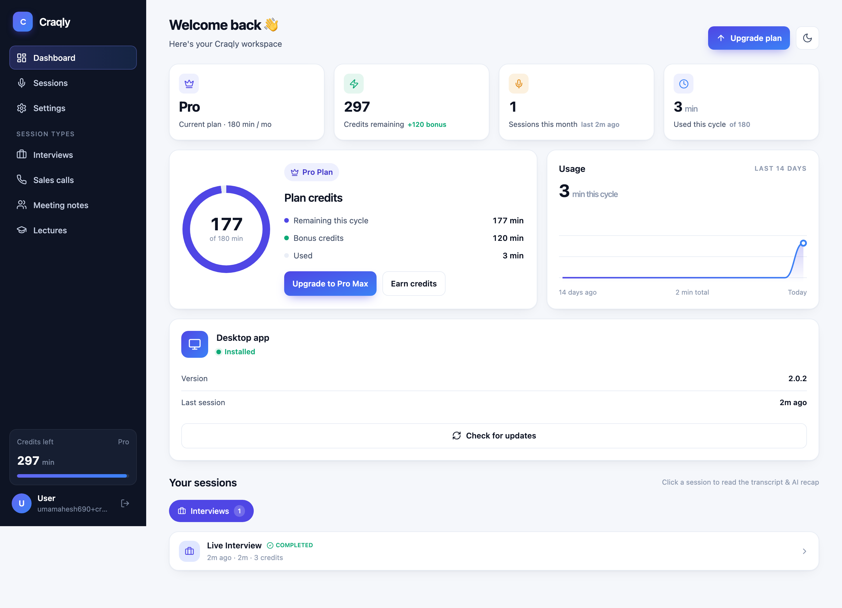 Craqly web dashboard listing recent sessions with type, duration and credits used, alongside plan and remaining credits
