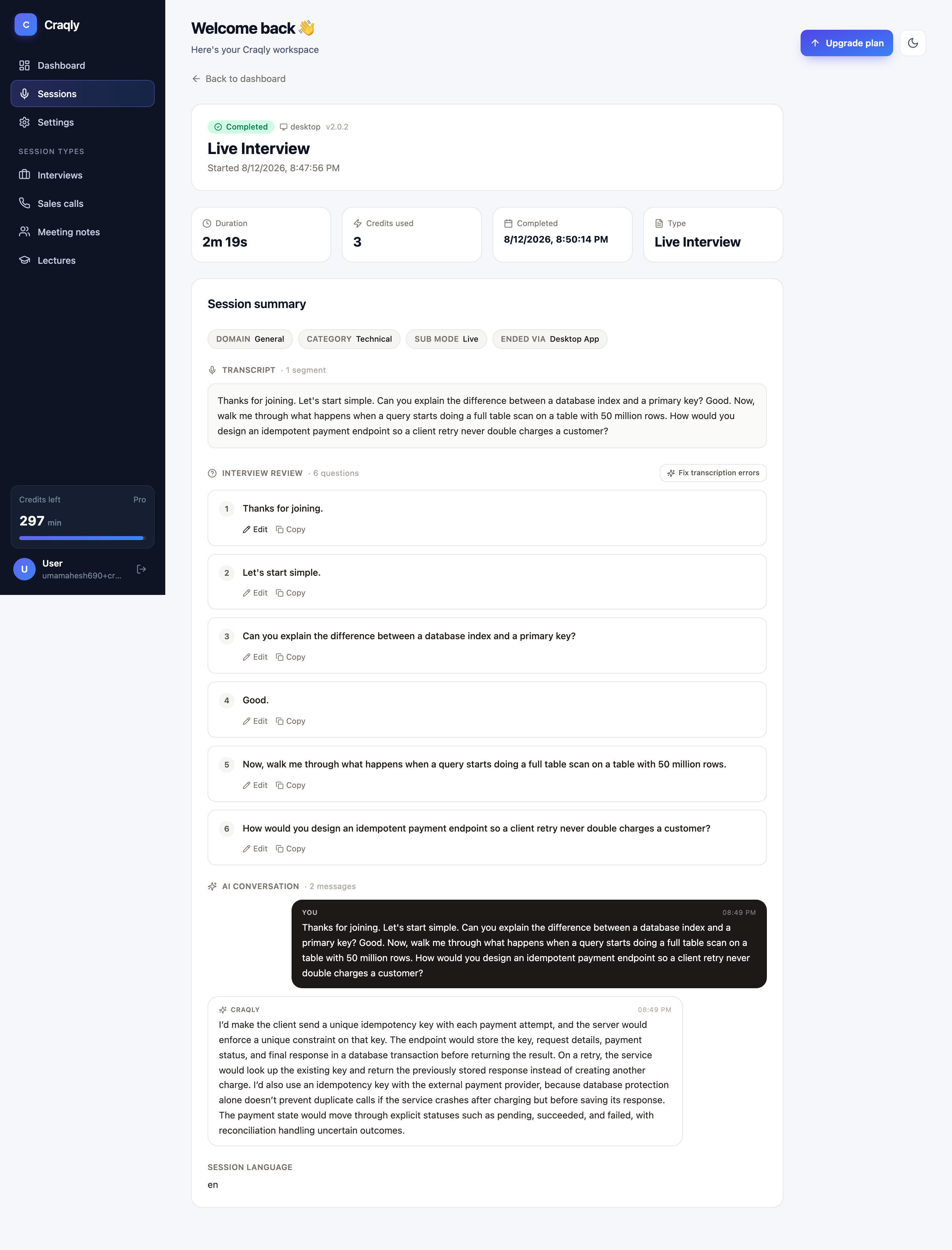 Craqly session detail page showing duration, credits used, the full transcript, an Interview Review list of the questions extracted from it, and the complete AI conversation